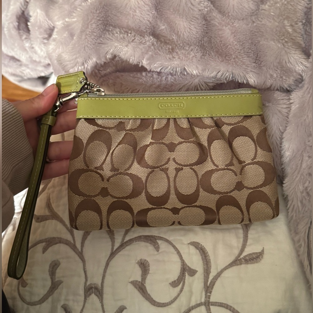 Coach Tan and Green Signature Wristlet